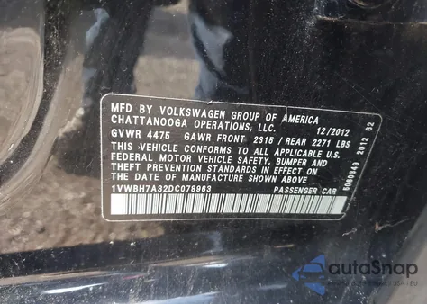 2013 Volkswagen Passat 2.5L Se z USA, uszkodzony, nr VIN 1VWBH7A32DC078963